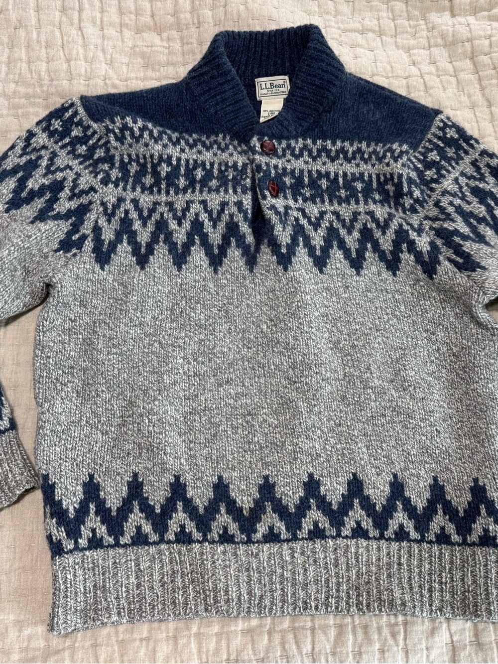L.L. Bean Navy and Heather Gray Nordic Shawl-Collar Wool Cardigan